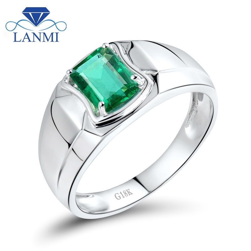 Emerald Gemstone Rings In Solid 18k White Gold Natural Emerald Wedding&Engagement Men's Ring Colombian Jewelry WU292