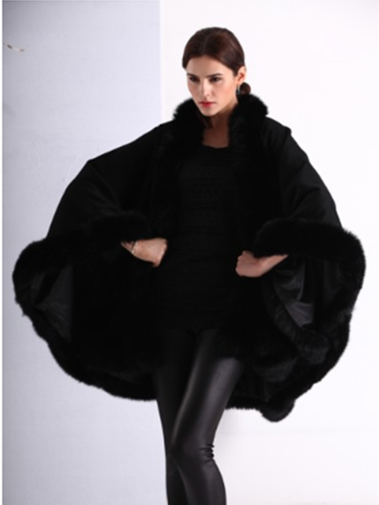 Free shipping factory price adult big size real fox fur trim cashmere cape for women