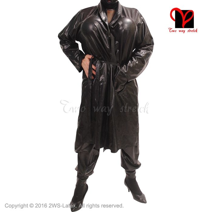 Sexy Latex black belts Bathrobe Rubber Robe Smugger coat Pajamas Swinger Kimono Top Sleepwear gown XXXL plus size DY-004