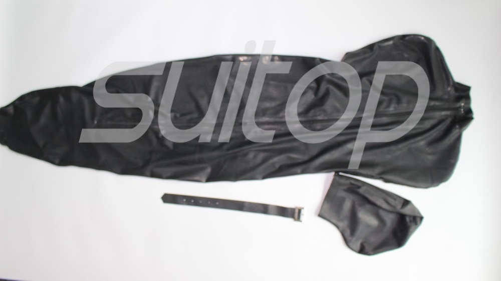 Latex sleeping rubber bag catsuit no including belts and with arm pocket inside