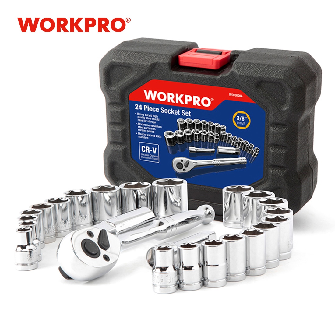 WORKPRO 24PC Tool Set Torque Wrench Socket Set 3/8" Ratchet Wrench Socket Spanner 14-64pc