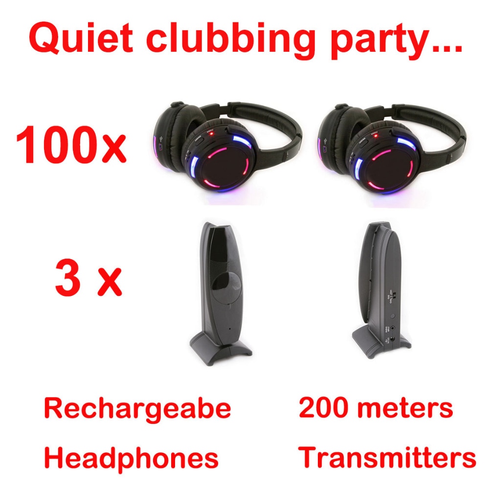 Silent Disco complete system black led wireless headphones - Quiet Clubbing Party Bundle (100 Headphones + 3 Transmitters)
