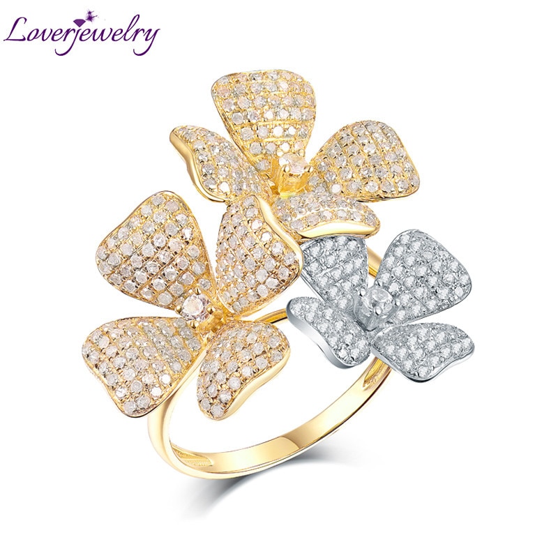 LOVERJEWELRY Lady Ring Real 18K Two Tone Gold Diamonds Ring Charming Wedding Flower Diamond Rings for Wife Luxury Fine Jewelry