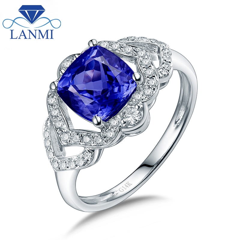 Solid 14Kt White Gold Natural Tanzanite Wedding Ring Good Gem Charming Dia for Husband Anniversary Fine Jewelry Gift