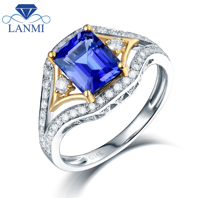 LANMI Natural Emerald Cut Tanzanite Wedding Rings Real Solid 14K Two-tone Gold Special Design Loving Engagement Gift for Wife