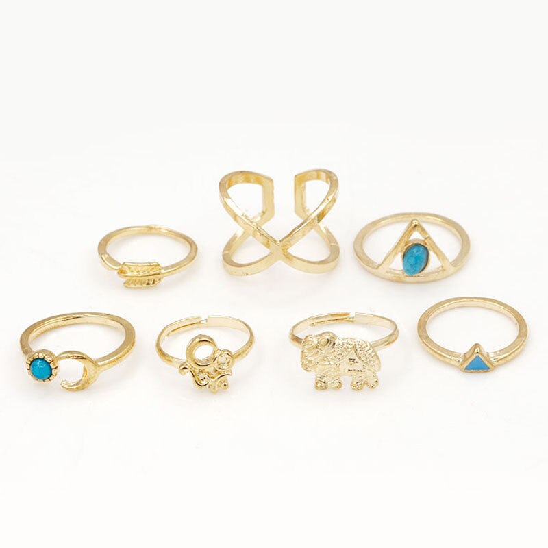 7 pieces/set Moon Arrow Midi Knuckle Ring Set Blue Beads Cross Triangle Elephant Open Rings Adjustable Gold Color Silver Jewelry