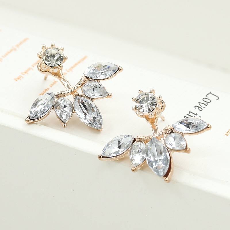 Double Side Flower Stud Earrings Rose Gold Silver Crystal Earring For Women Zircon Rhinestone Charm Pendientes Ear Jewelry