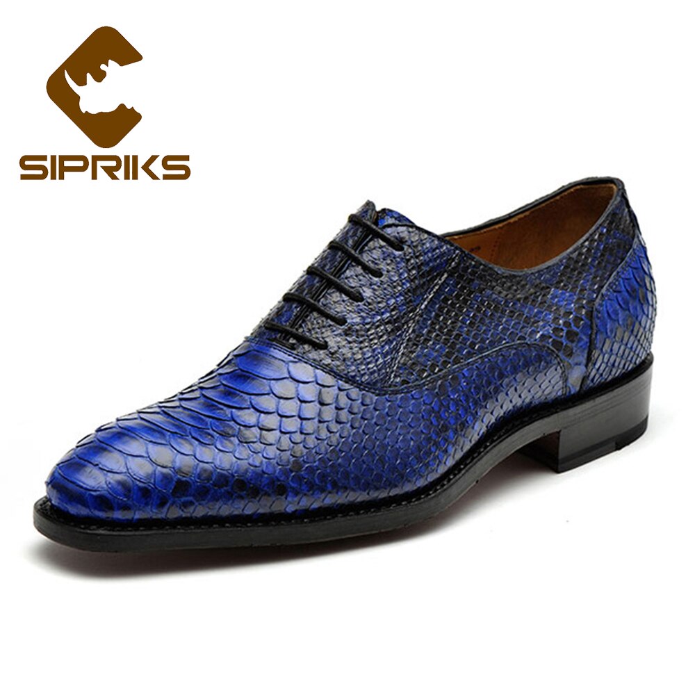 Sipriks Custom Mens Goodyear Welted Shoes Italian Mens Python Shoes Hipster Boss Blue Tuxedo Snake Skin Shoes Male Wedding Shoes