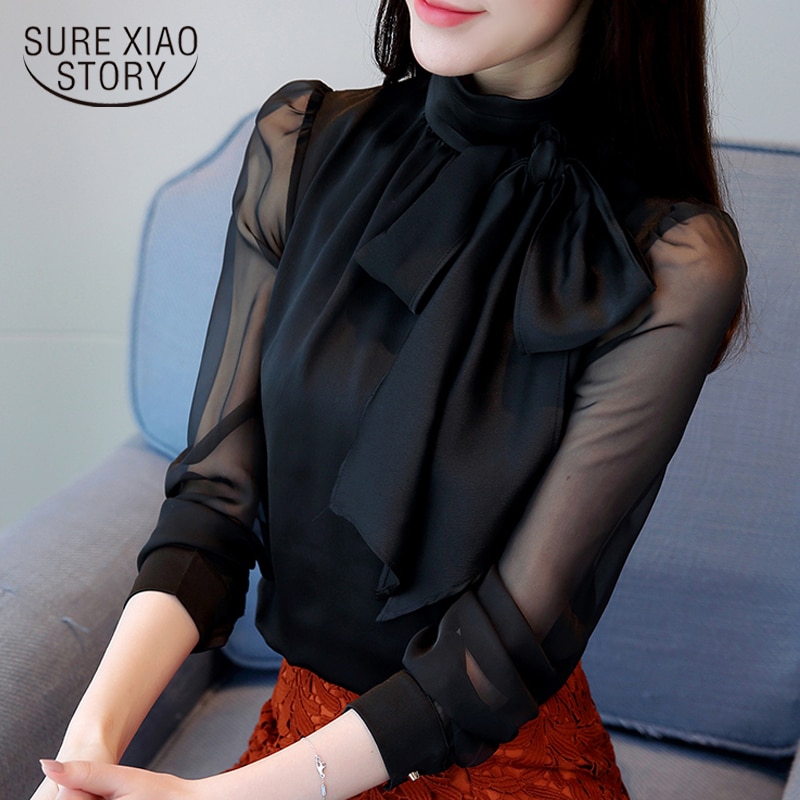 2021 New Summer Fashion Tunic Women Blouse Shirts Long Sleeve Tie Bow Chiffon Turtleneck Formal Women White Black Shirts 0599 30