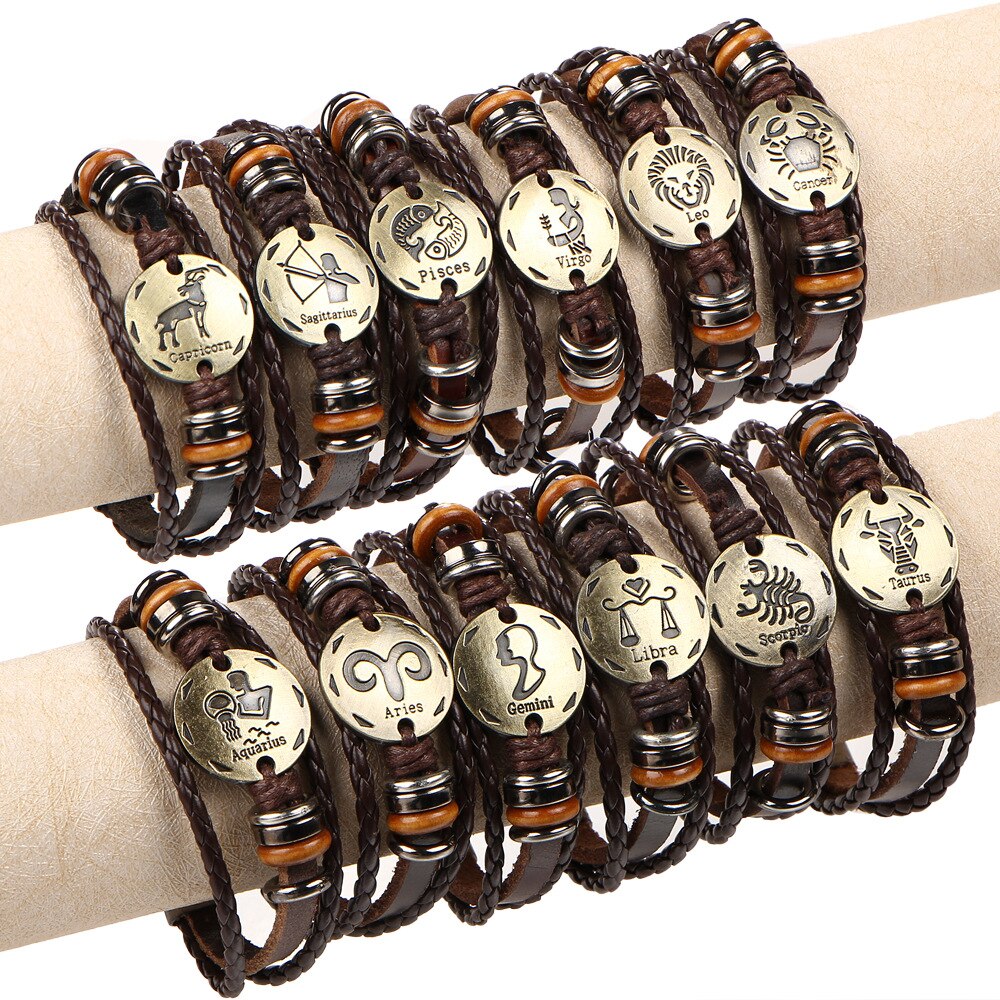 12 Constellations Bracelets Leather Charm Bracelet Braided Chain Cuff Bangle Women Men Silver Color Wristbands Jewelry