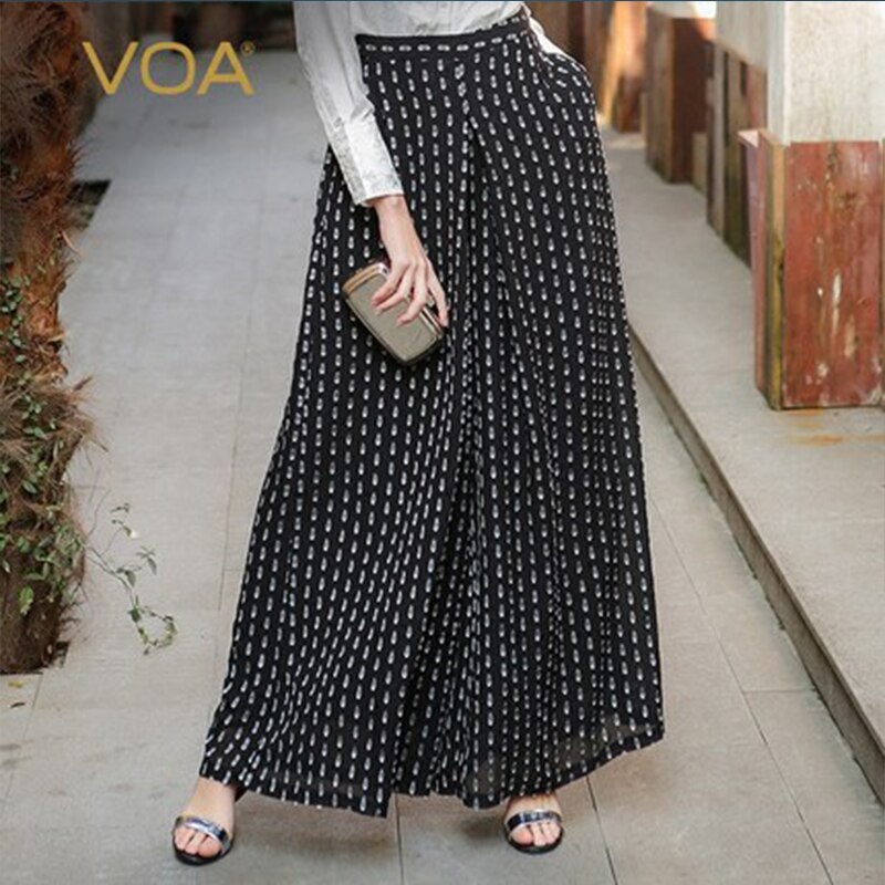 VOA Silk Plus Size Loose Casual Wide Leg Pants Leisure Boho Palazzo Pants Black Wave Point Women Mid Waist Trouser Spring K5530