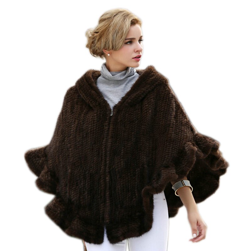 2019 New Genuine Mink Fur Shawl Knitted Real Mink Fur Poncho For Women Natural Fur Warp With Hood Winter Mink Fur Jacket