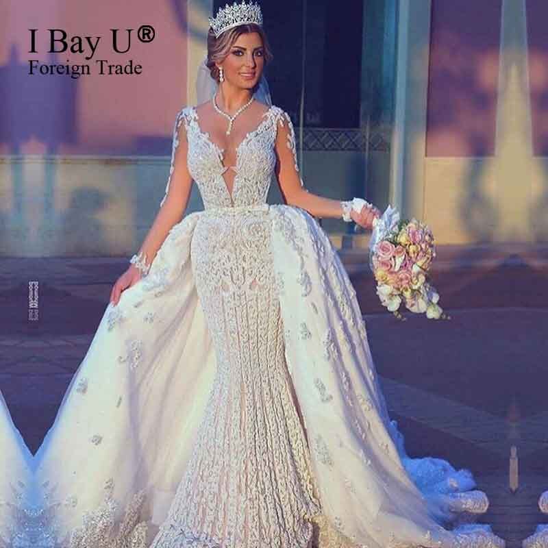 Full Beading Mermaid Wedding Dresses 2020 Detachable Train Arabic Wedding Bridal Gown Long Sleeves Sexy Mermaid Wedding Dress