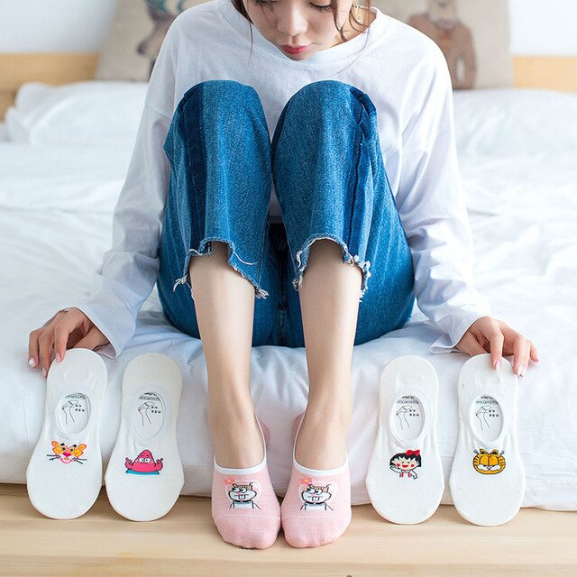 Korean Kawaii Women Animal Cartton Anti-slip Low Cut Socks Cute Egg Rabbit Panther Cotton Boat Socks Milk White Sock Slippers