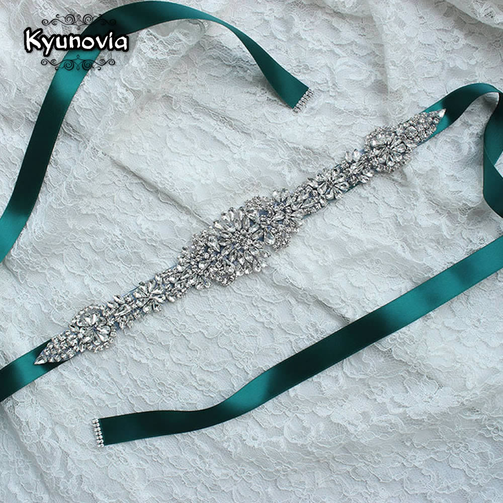 Kyunovia Crystal Wedding Belts Satin Rhinestone Wedding Dress Belt Wedding Accessories Bridal Ribbon Sash Belt FB19
