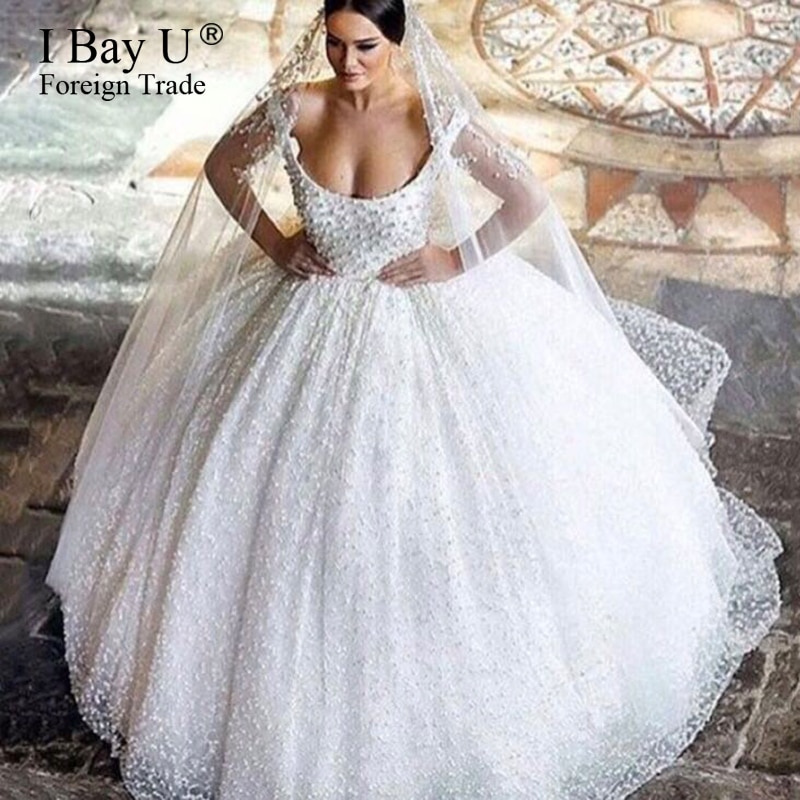 Hot Sale Luxury Pearl Soft Tulle Bridal Gowns Beads Robe De Mariage Princess Wedding Dress 2020 Small Train Vestido De Novia
