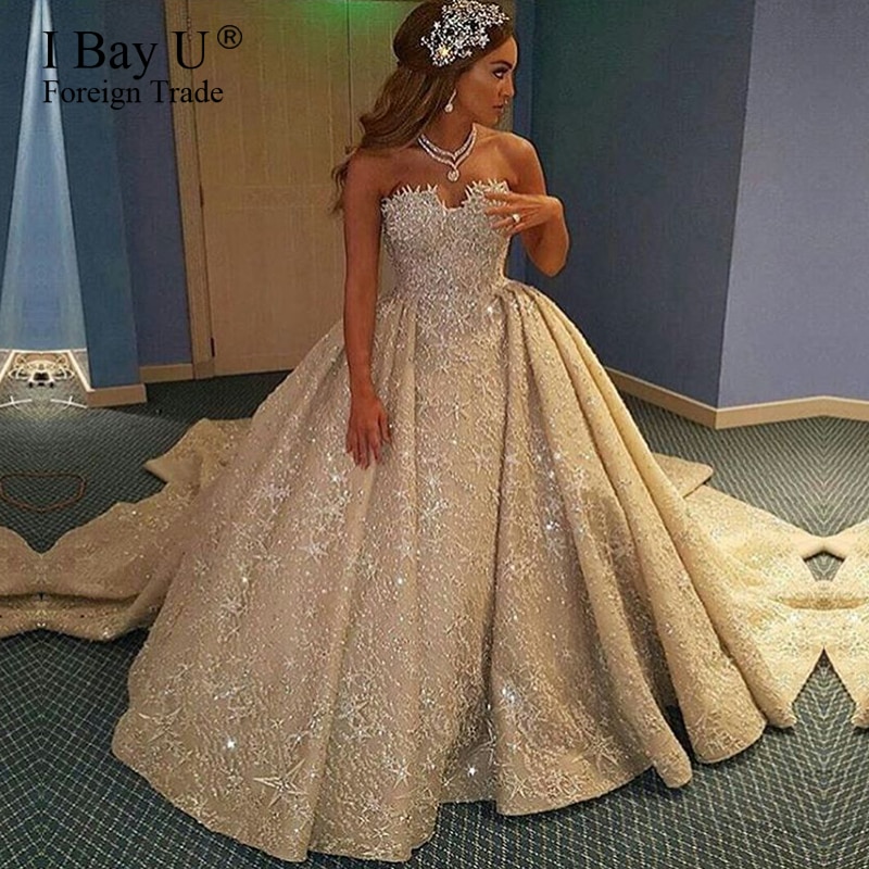 Gorgeous 5 Stars Crystal Shiny Champange Arab Wedding Gowns Robe De Mariage 2020 Puffy Shining Stones Ball Gown Wedding Dresses