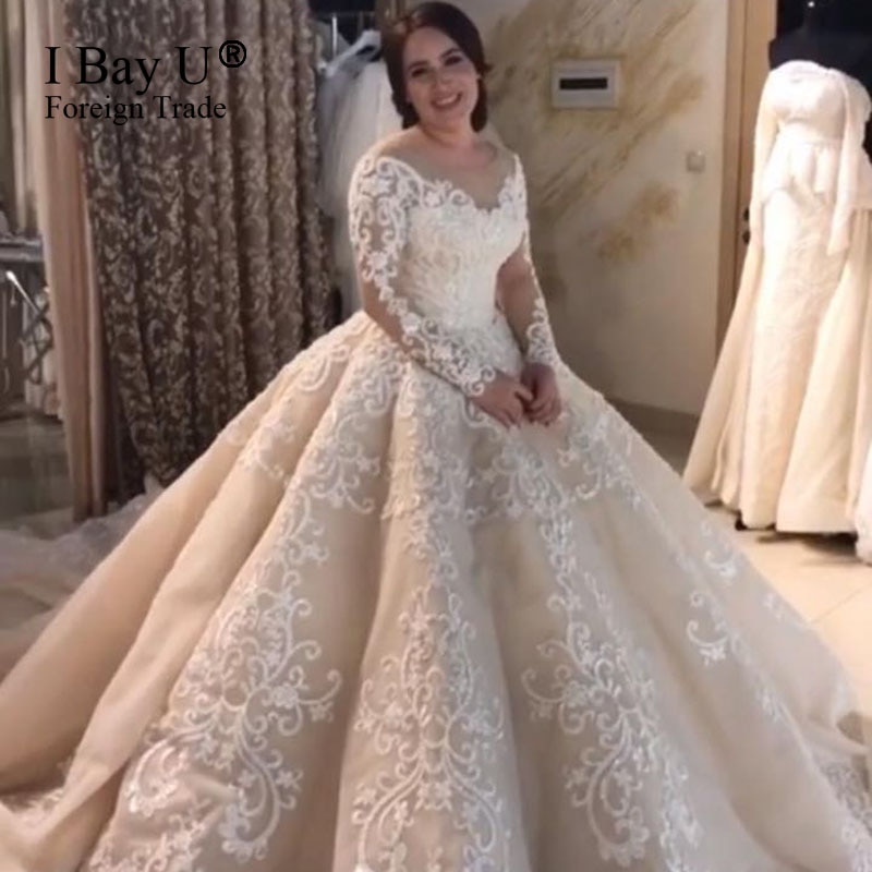 Luxury Lace Wedding Dresses 2020 Sheer Long Sleeves Ball Gown Bridal Gowns Muslim Marriage Wedding Dress Vestidos De Novia