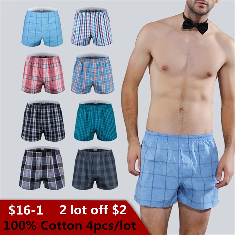 Classic Plaid Men's Boxers Cotton Mens Underwear Trunks Woven Homme Arrow Panties Boxer with Elastic Waistband Shorts Loose men