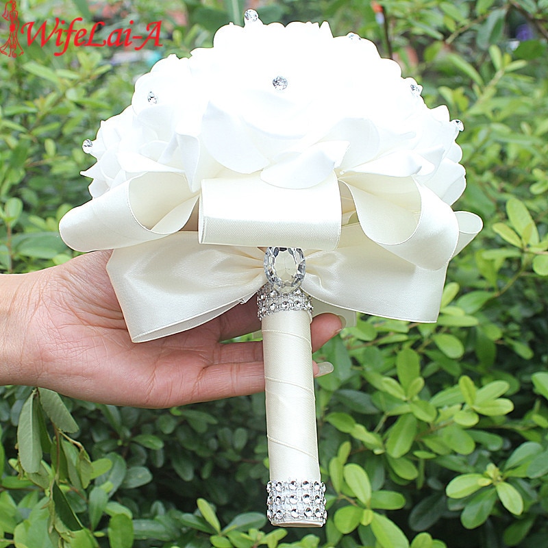 IN STOCK Cheapest PE Rose Bridesmaid Wedding Foam flowers Rose Bridal bouquet Ribbon Fake Wedding bouquet de noiva 14 Color