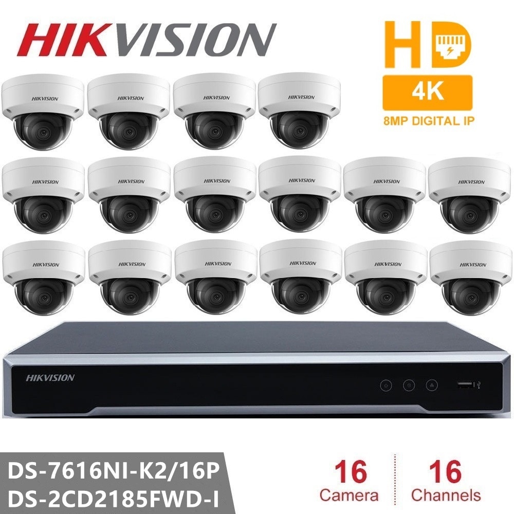 Hikvision NVR DS-7616NI-K2/16P 16CH 16 POE ports + 16pcs Hikvision DS-2CD2185FWD-I 8MP H.265 Video Surveilance Network IP Camera