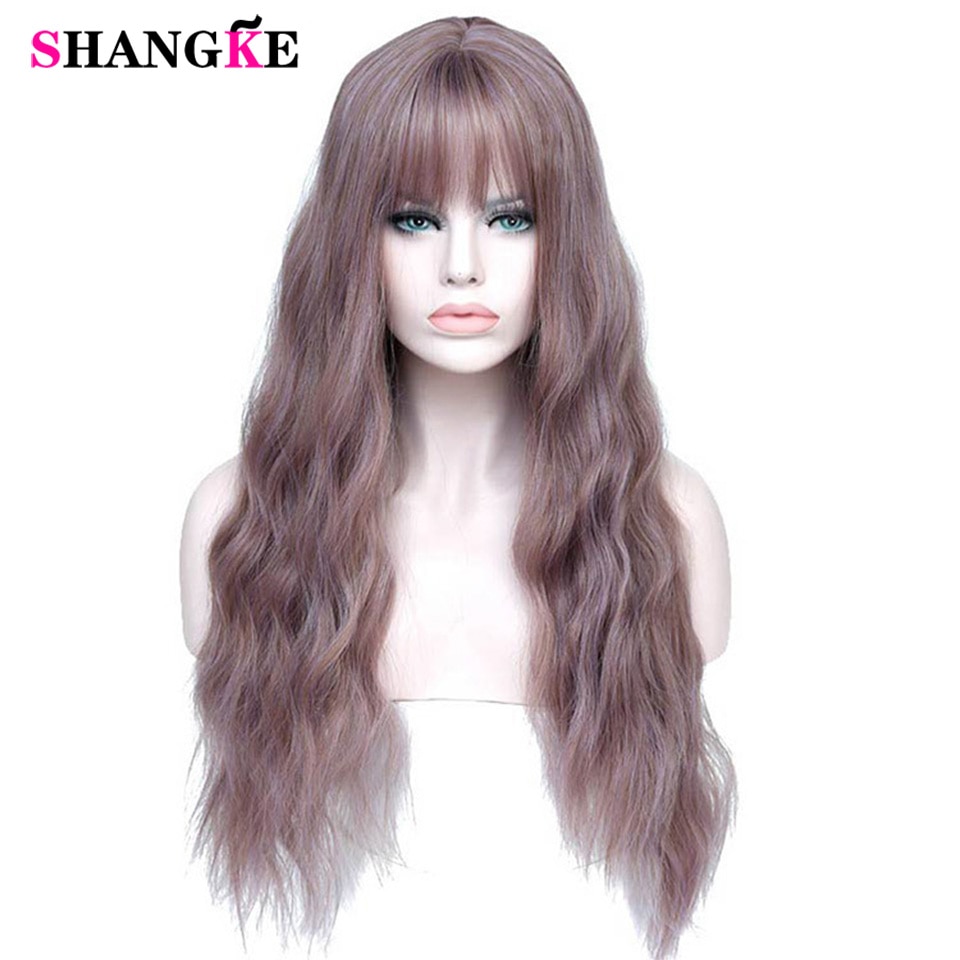 SHANGKE Long Mix Purple Womens Wigs With Bangs Heat Resistant Synthetic Kinky Curly Pink Green Wigs for Women African American