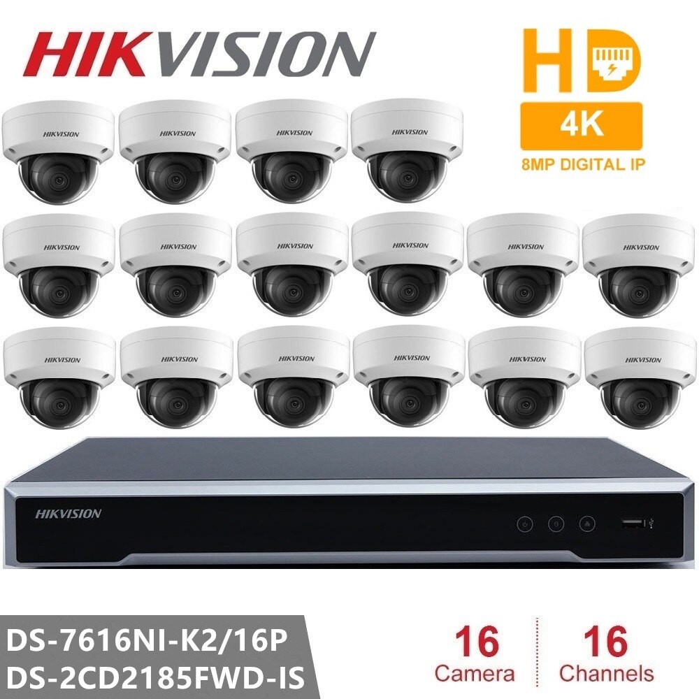 Hikvision Video Surveillance DS-7616NI-K2/16P Embedded Plug & Play NVR 4K + 16pcs Hikvision 8MP H.265 IP Camera DS-2CD2185FWD-IS