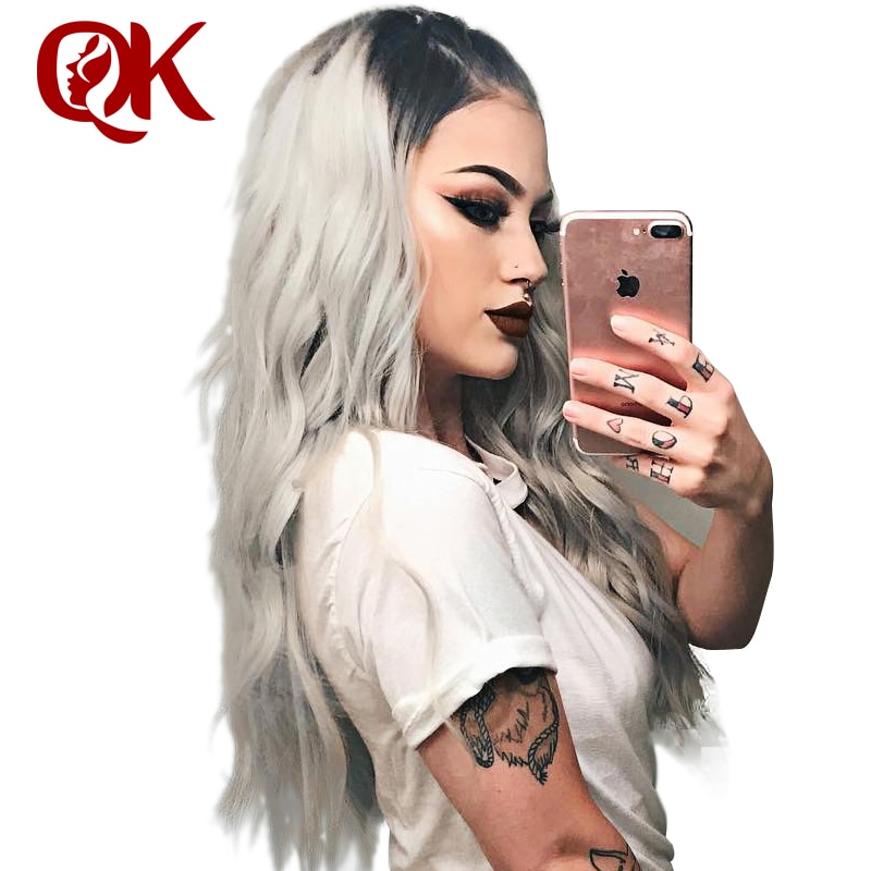 QueenKing hair Lace Front Wig 150% Density Ombre T1B Grey Silky Straight Preplucked Hairline 100% Brazilian Human Remy Hair