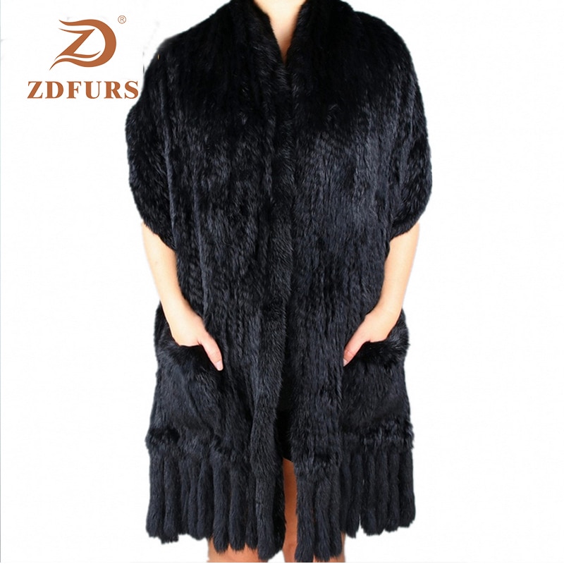 ZDFURS * Luxury Women's Genuine Real Knitted rabbit Fur Scarves with Tassels Lady Pashmina Wraps Autumn Winter Women Fur Shawls