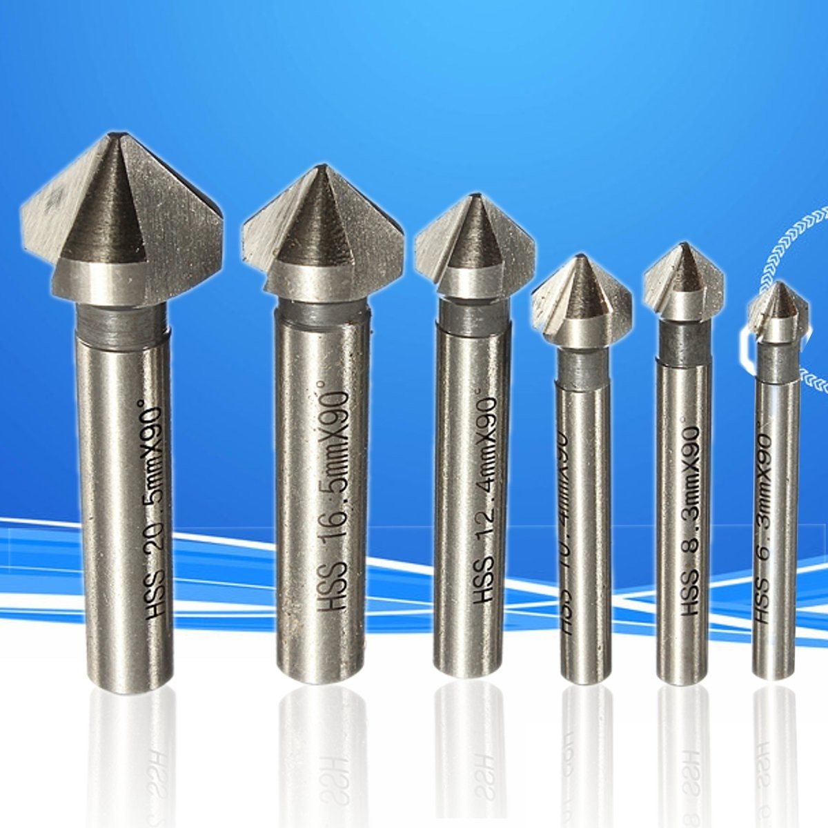 Round shank 6pcs 3 Flute 90 Degree HSS Chamfer Chamfering Cutter End Mill Tool Countersink Drill Bit Set 6.3-20.5MM