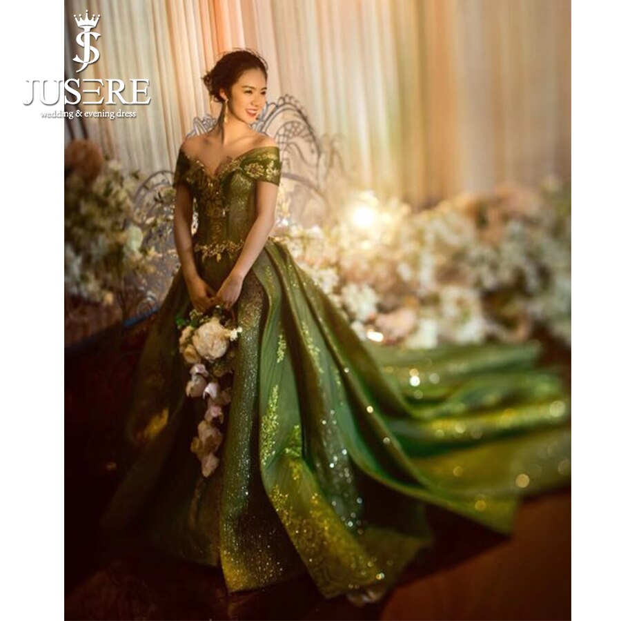 Off the Shoulder Scoop Neckline Green Gold Color Middle East Arabic Puffy Shiny Elegant Golden Green Evening Dress