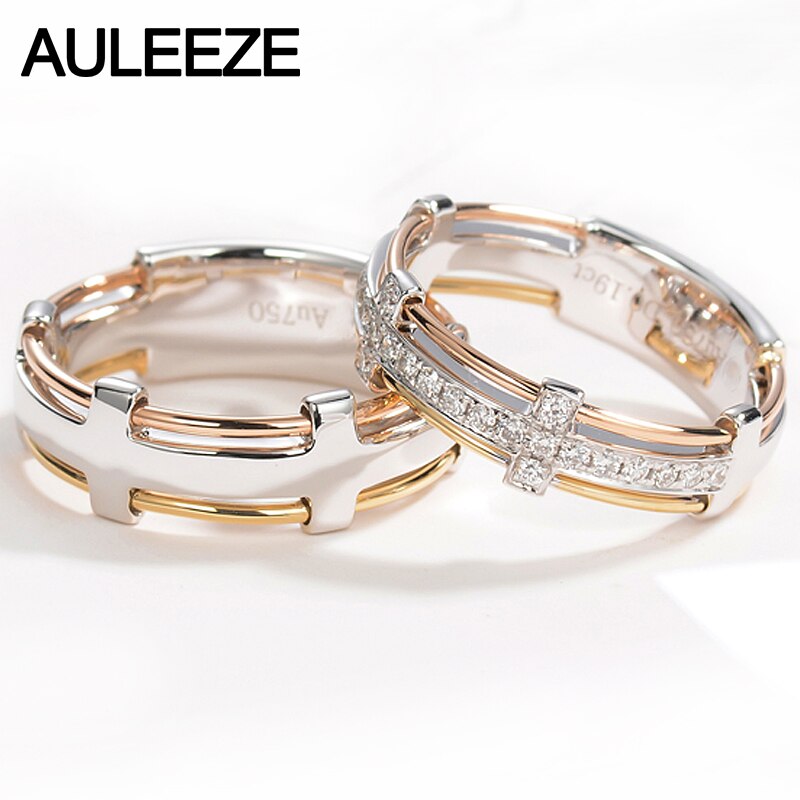 AULEEZE Unique Line 18K Solid Gold Band Natural Real Diamond lovers Rings White Yellow Rose Gold Wedding Anniversary Couple Ring