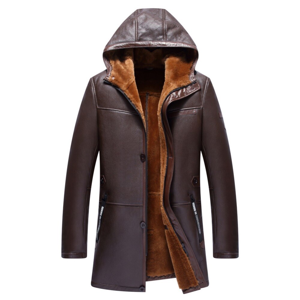 Fur Coat Men Shearling Jacket Slim Hooded Outerwear 100% Genuine Leather Parka Warm Long Coat TJ8116