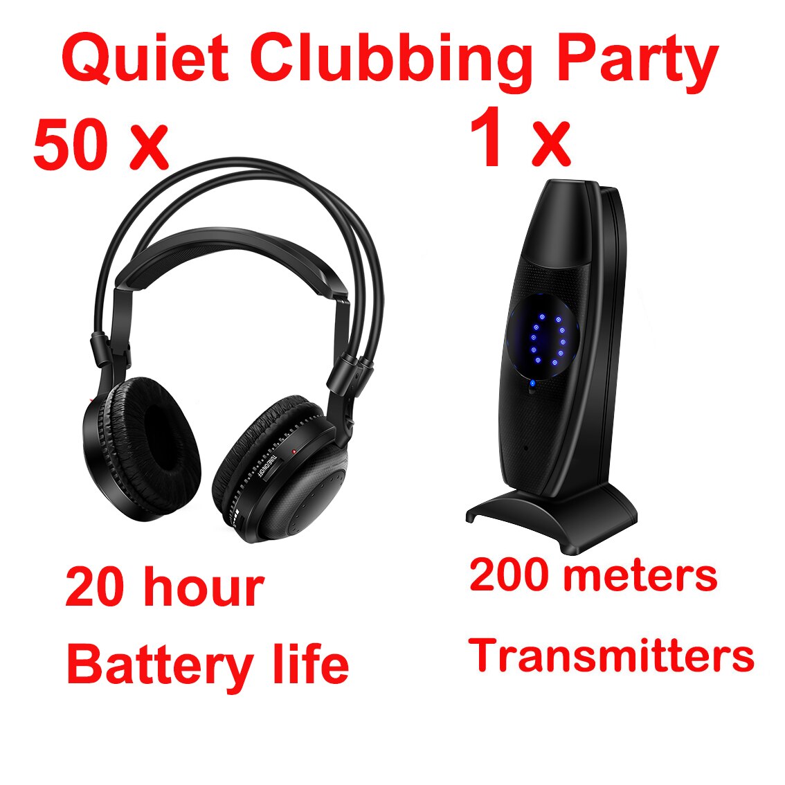 Typical Ultra low bass Silent Disco system wireless headphones - Quiet Clubbing Party Bundle (50 Headphones + 1 Transmitter)