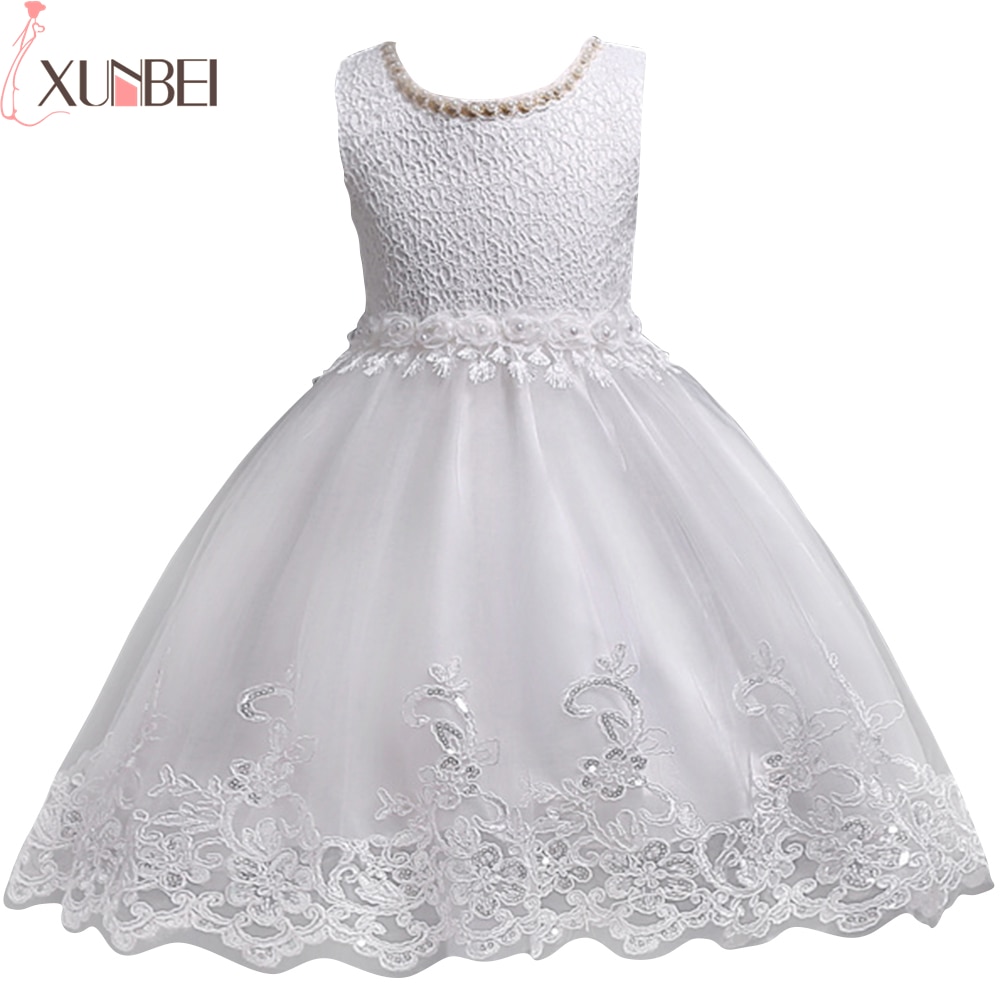 Lovely Lace Appliques Beaded Pearls Flower Girl Dresses Kids Evening Gowns Wedding First Communion Clothing vestido 1-10Years