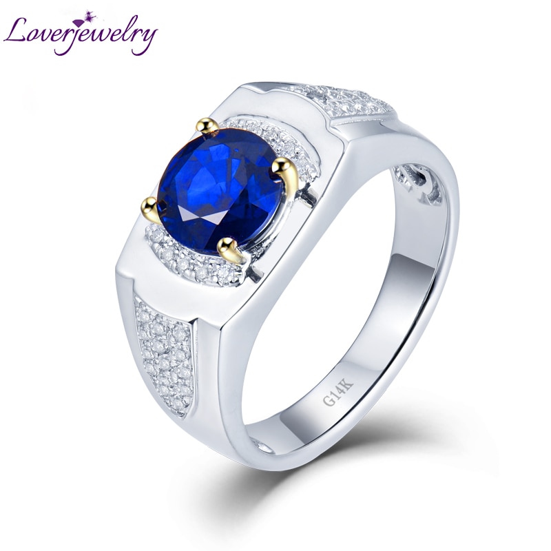 LOVERJEWELRY Real Solid 14Kt White Gold Blue Sapphire Men's Wedding Ring Natural Diamond Trendy Jewelry for Husband Anniversary