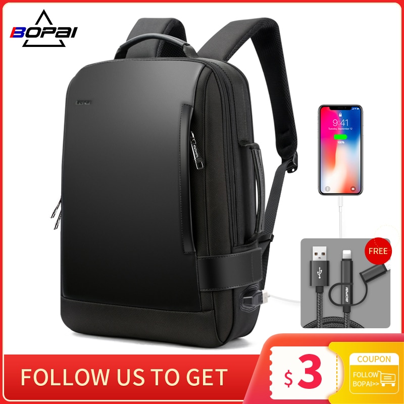 BOPAI Brand Enlarge Backpack USB External Charge 15.6 Inch Laptop Backpack Shoulders Men Anti-Theft Waterproof Travel Backpack