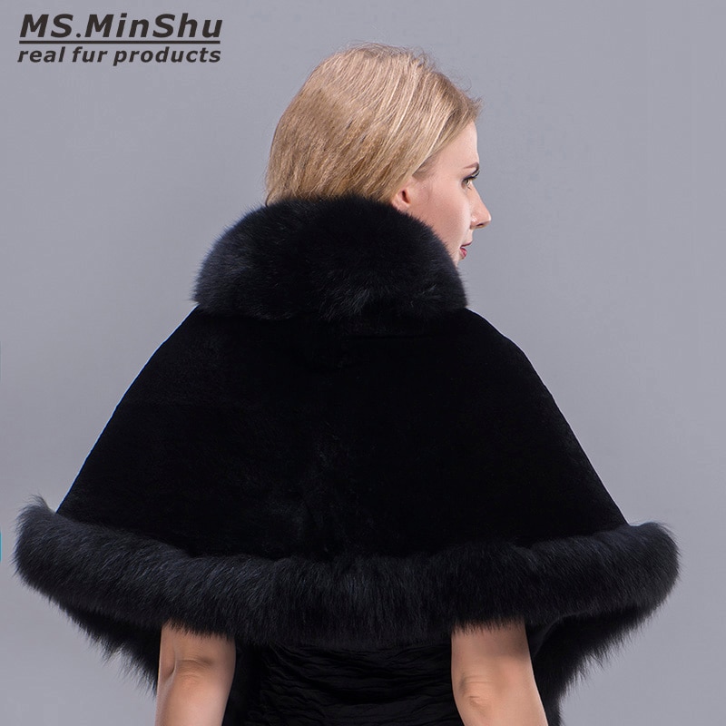 MS.MinShu Fox Fur Shawl Winter Women Real Fur Pashmina Fashion Poncho Fox Fur Trimmed Rex Rabbit Fur Cape Winter Cape Female