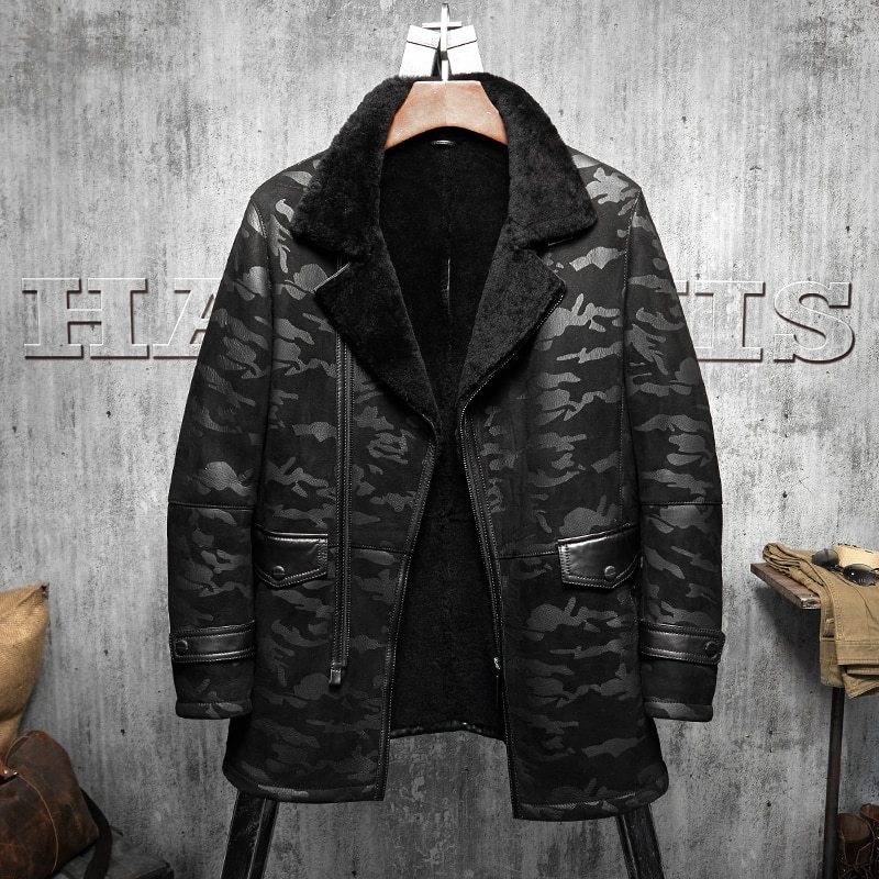 B3 Jacket Men's Shearling Leather Jacket Black Camouflage Original Flying Jacket Men's Fur Coat Long Pilots Coat