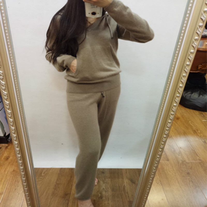 Sale Wool Tracksuits New Spring Fashion Female Hooded Suit Knitted Mink Cashmere Sweater + Leisure Trousers Two Piece