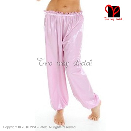 Pink Sexy Loose Latex pants front buttons bloomers Rubber Pants Gummi Trousers Long XXXL plus size KZ-124