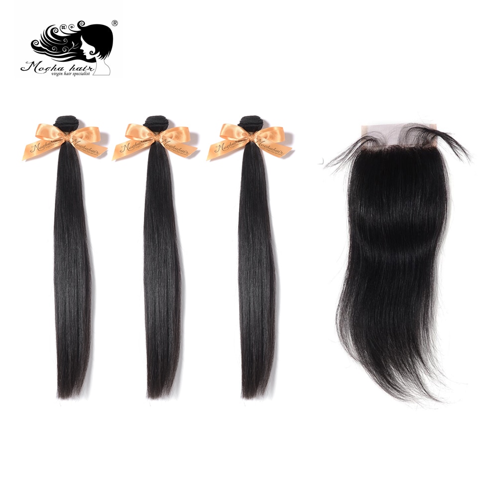 MOCHA Hair 10A Brazilian Straight Virgin Hair 3 Bundles With One 4* 4 Lace Closure 100% Human Hair Free shipping