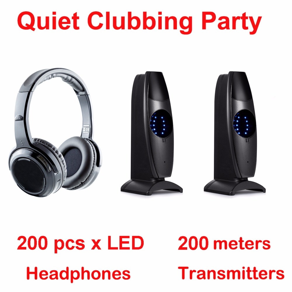 Silent Disco complete system black led wireless headphones - Quiet Clubbing Party Bundle (200 Headphones + 2 Transmitters)
