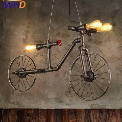 IWHD American Style Bicycle Vintage Pendant Lights Loft Industrial Handing Lamp Water Pipe Light Fixtures E27 220V For Decor