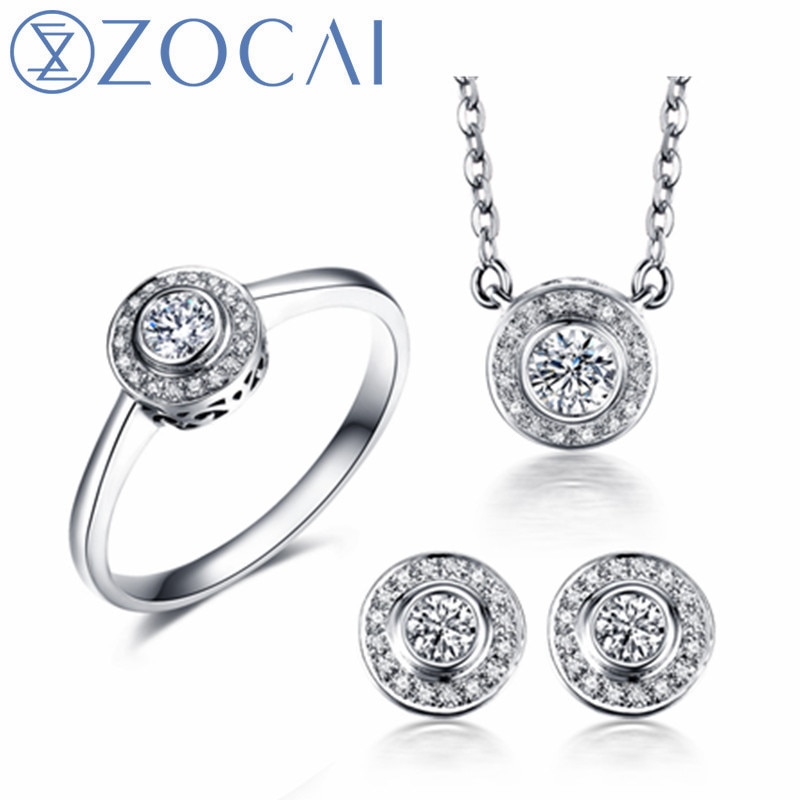 ZOCAI ring earrings necklace suit real certified total 0.39 CT 18K rose/white gold (AU750) wedding jewelry suit