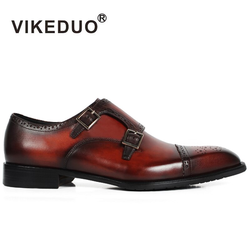 VIKEDUO handmade hot Mens Monk Shoes custom made 100% Genuine Leather Brogue office dress party wedding shoes original design