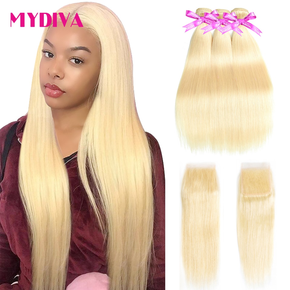 613 Bundles With Closure Straight Human Hair Bundles Remy Hair Extension 30 32 34 36 Inch Honey Blonde Bundles With Closure