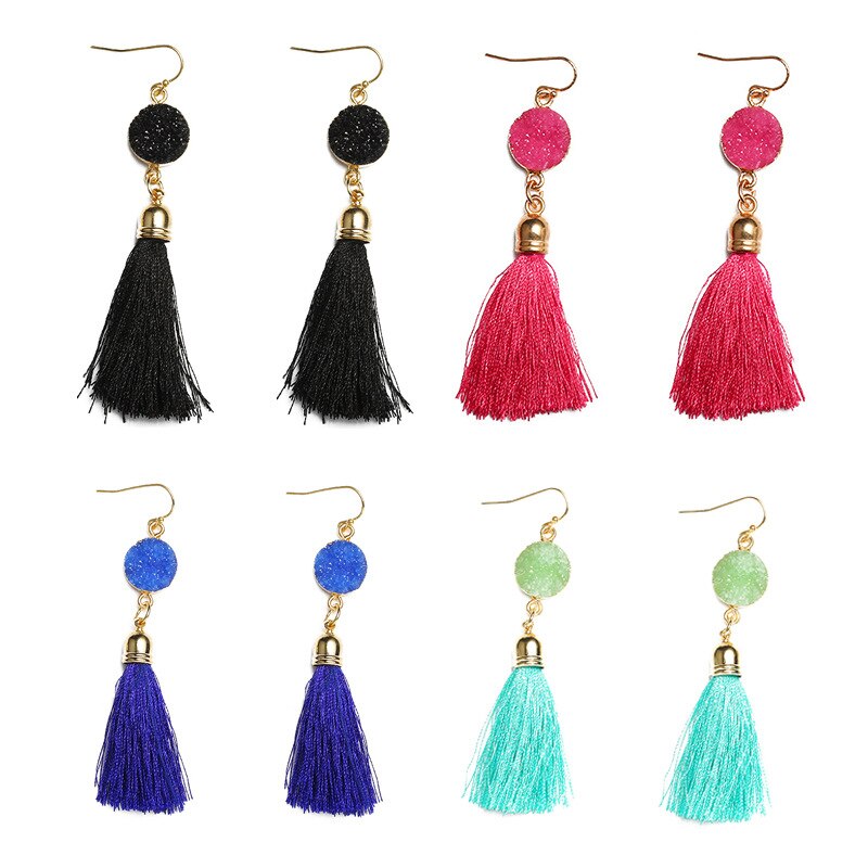 Cotton Tassel Earring For Women Drop Earrings Long Dangle Eardrop Fringed Gold Color Statement Round Charm Resin Bohemia Jewelry