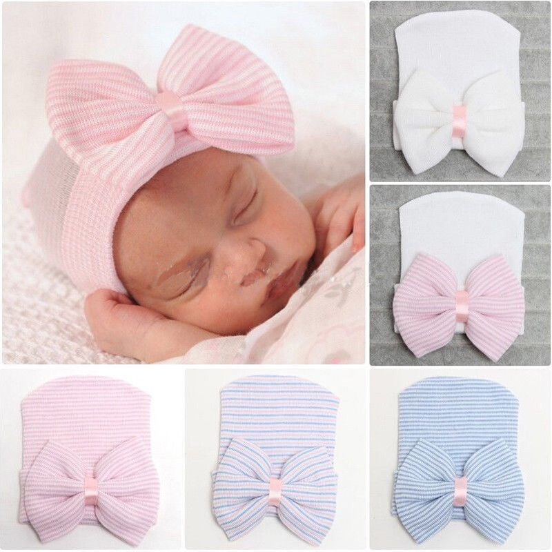 Emmababy Newborn Baby Girls Striped Headband Headwear Toddler Soft Beanie Hat with Bow