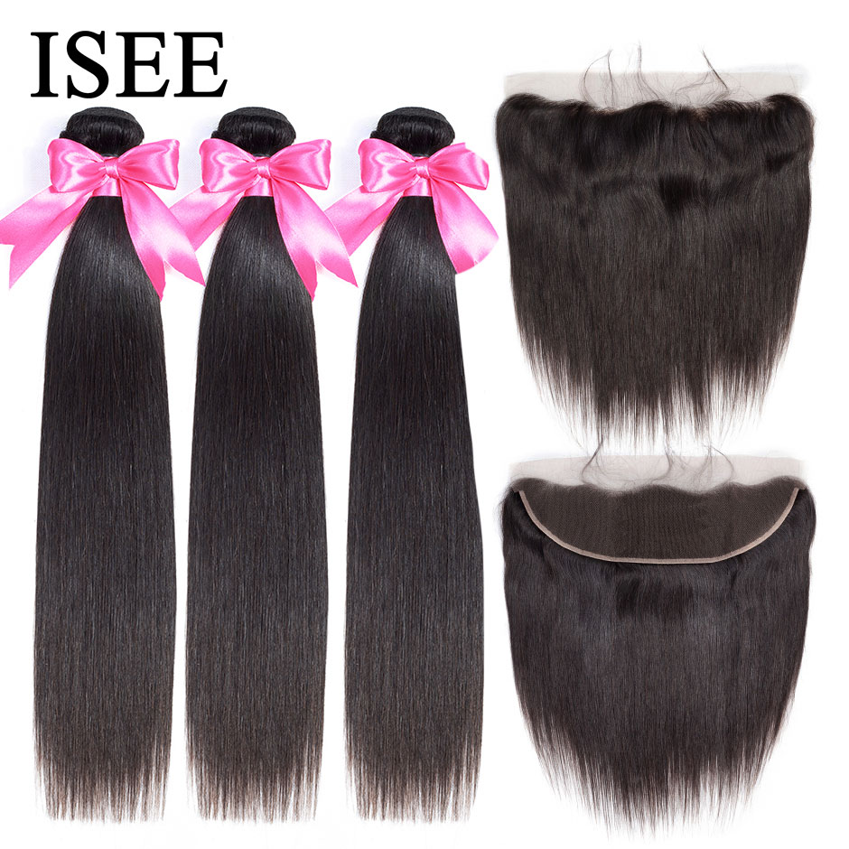 ISEE HAIR Straight Hair Bundles With Frontal 13*4 Lace Frontal With Bundles Brazilian Straight Human Hair Bundles With Frontal